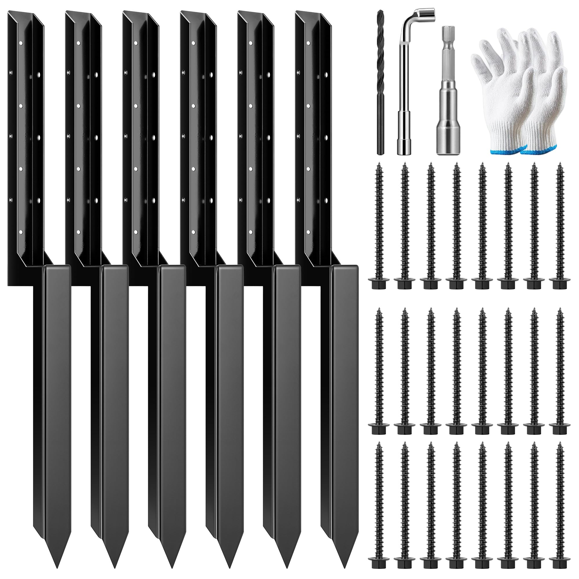 Photo 1 of VIVOSUN Fence Post Repair Kit, Heavy-Duty Ground Spike with Gloves for Repairing Tilted or Broken Wood Posts (6 Pack, Black)