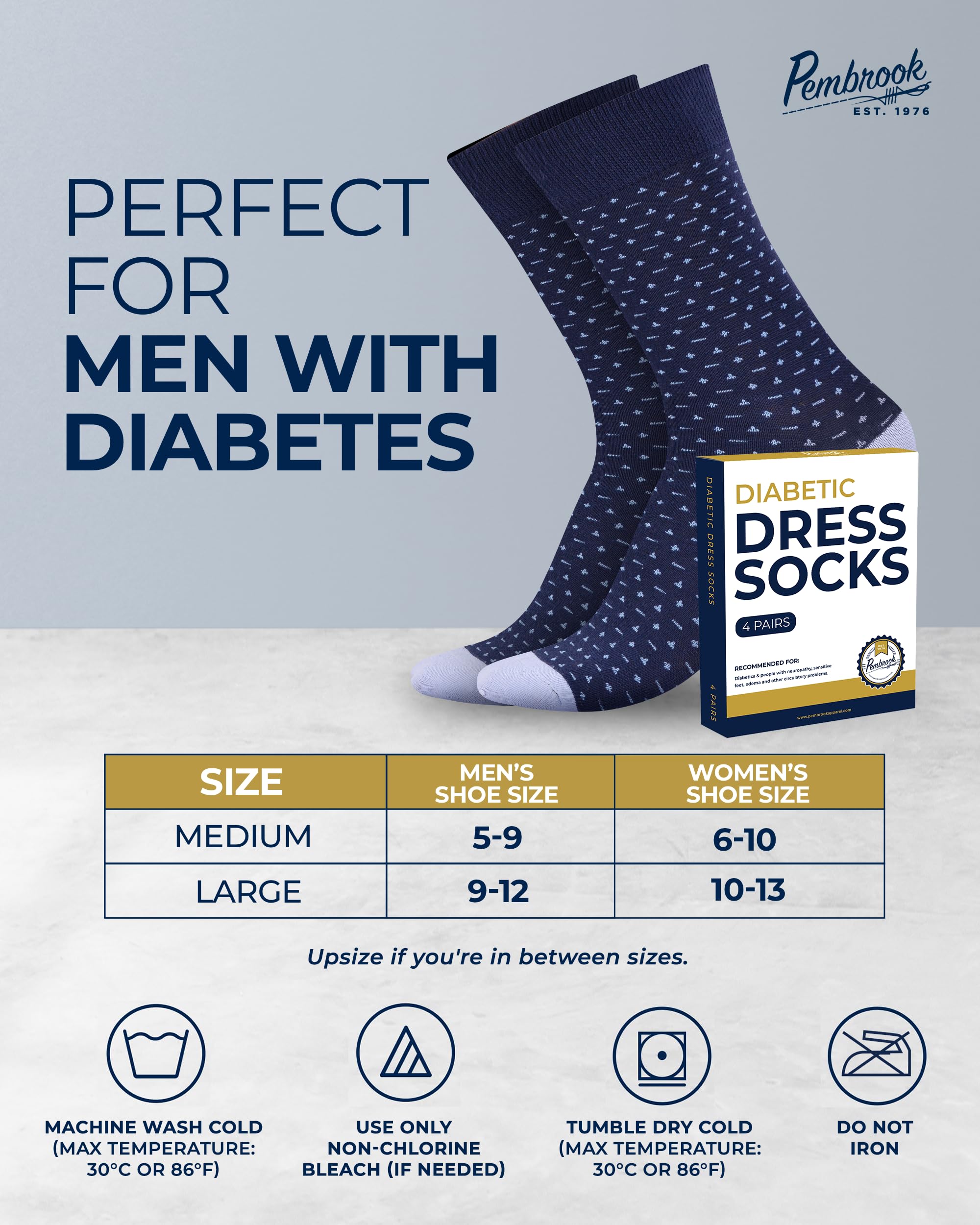 Pembrook Diabetic Dress Socks for Men - 4 Pairs Odor Free Stylish Diabetic Socks for Men Work | Mens Diabetic Socks Casual