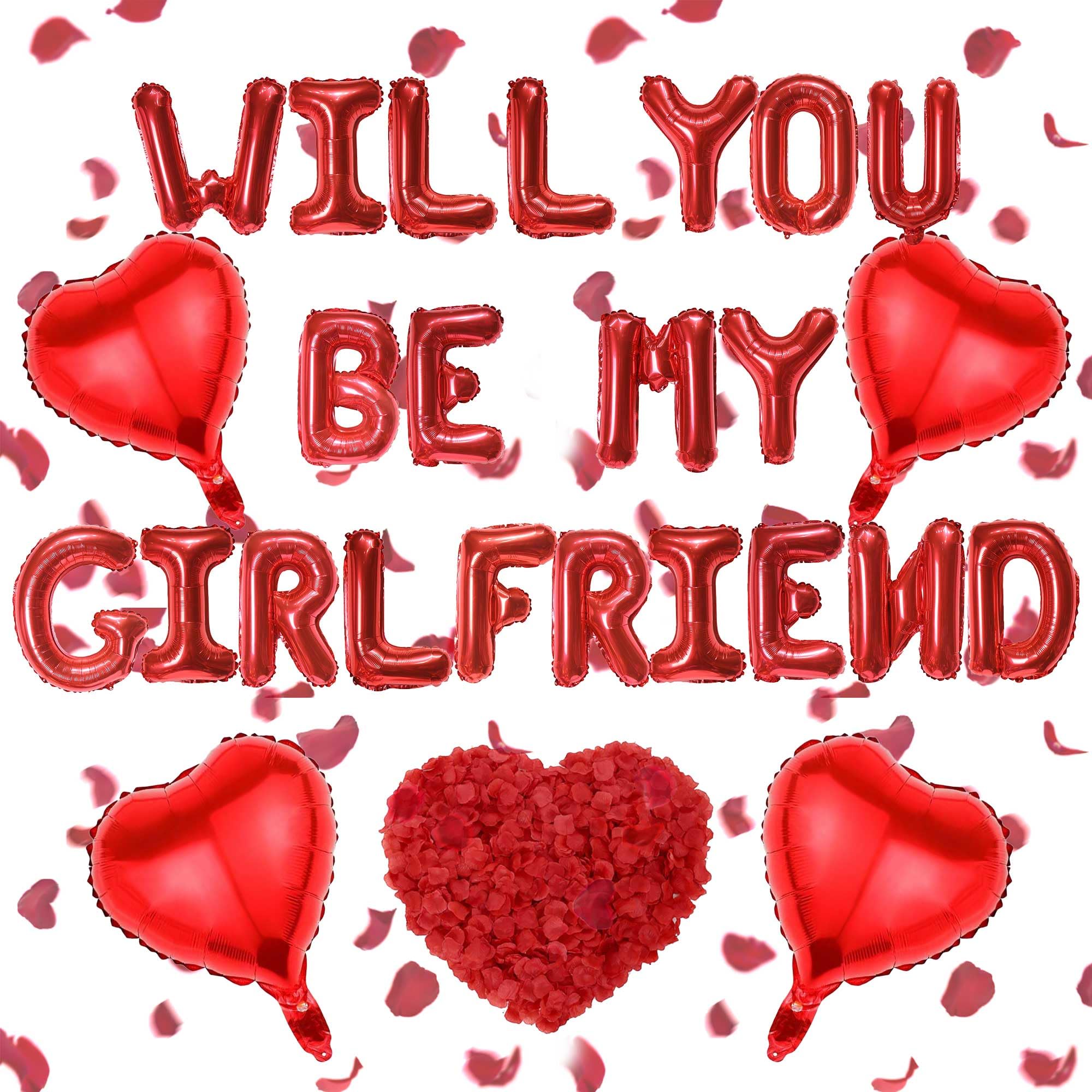 Will You Be My Girlfriend Balloons Decorations Red Letter and Heart Shape Balloons, 16inch Balloon Letters with 500pcs Artificial Rose Petals for Valentine Day Supplies
