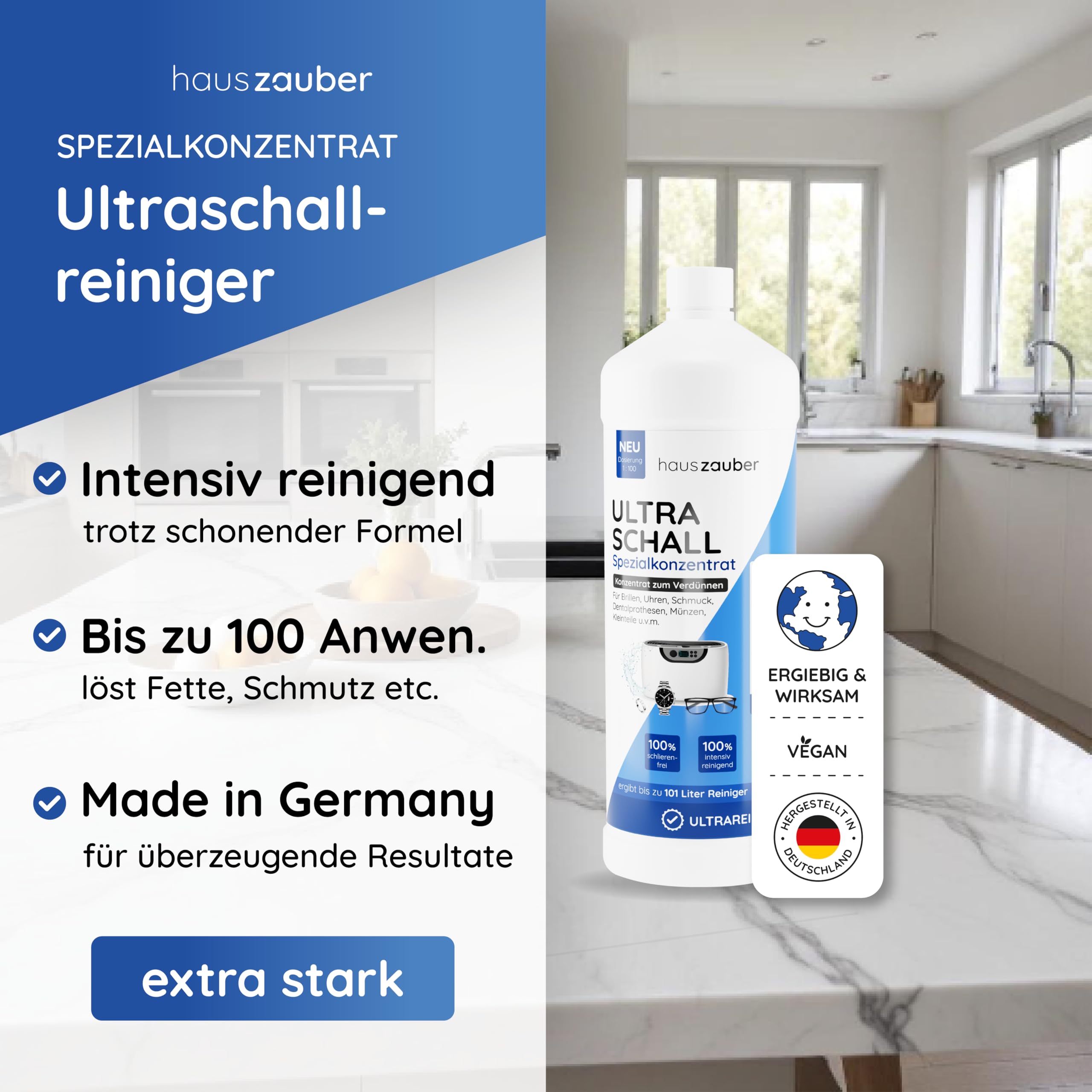 hauszauber - Ultraschallreiniger Konzentrat [EXTRA ERGIEBIG] 1000 ml - Reinigt Brillen, Schmuck, Zahnersatz, Münzen, Kleinteile etc. - Für Ultraschallgeräte & Ultraschallbad 5