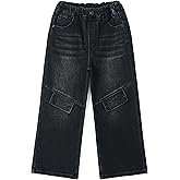 KIDSCOOL SPACE Girls Wide Leg Jeans, Ribbed Waist with D-Ring Baggy Denim Pants
