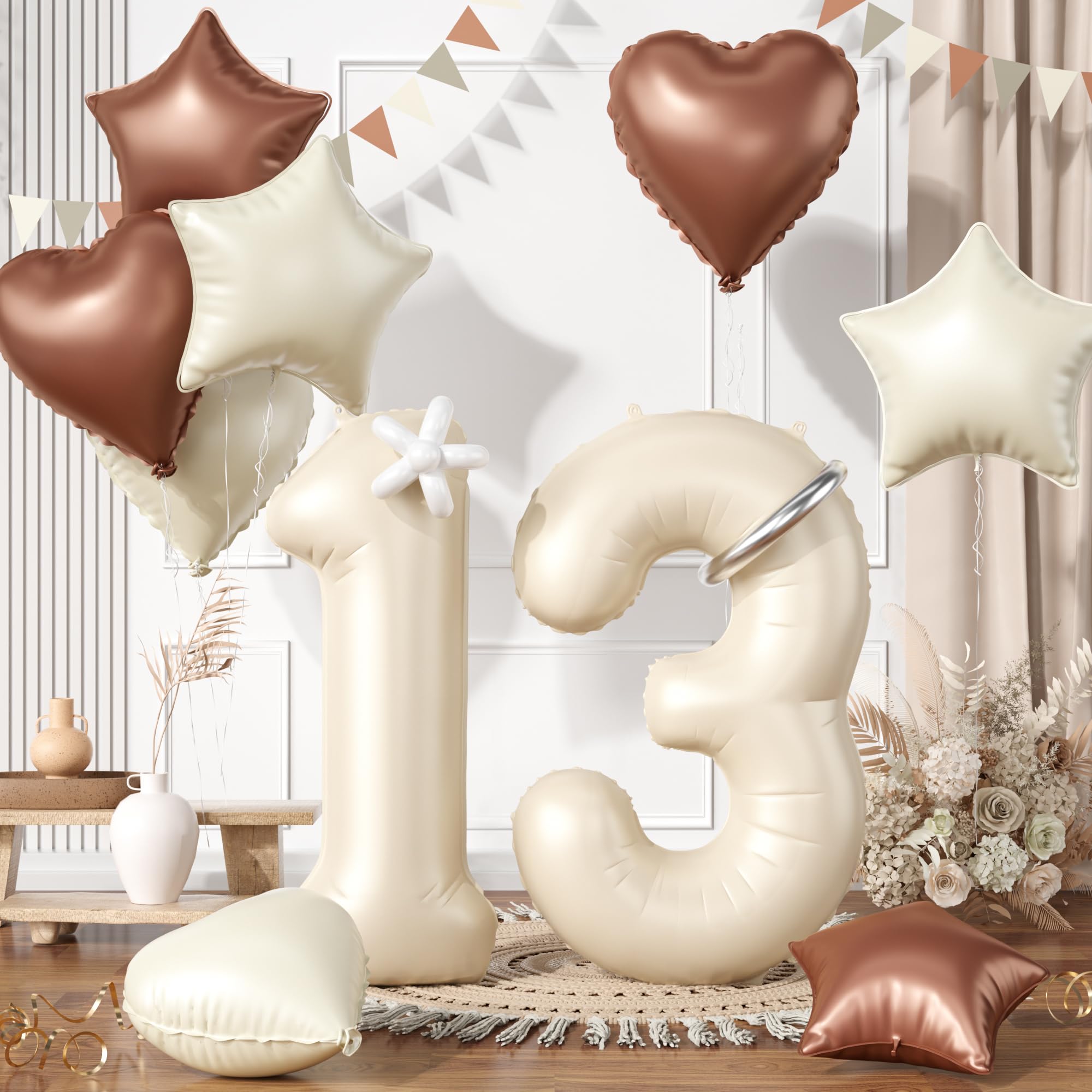 Photo 1 of 13 Cream White Balloons, 13 Number Balloons Set, Beige Number 13 Balloons, Brown Sand White Foil Star Heart Balloon With Long Balloon For 13th Birthday Party 1st 3rd Baby Shower Decorations