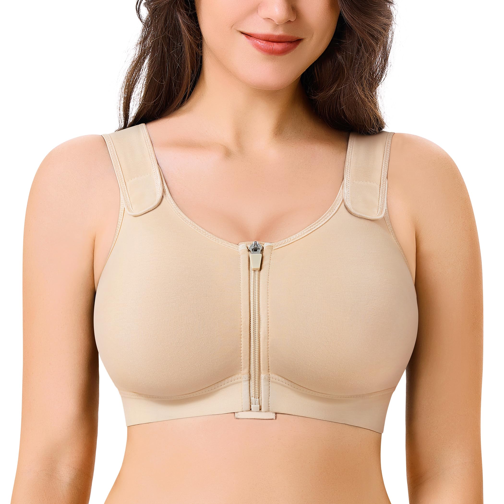 Photo 1 of CYDREAM Zip Front Closure Wireless Bras for Women Full Coverage Post Surgery Compression Back Smoothing Comfort Adjustable (US, Alpha, Small, Regular, Regular, Beige)
