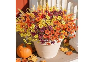 HyeFlora Artificial Fall Flowers Fake Mums Plants for Outdoors Decoration, 14 Bundles Faux Silk Daisy and Ferns UV Resistant Autumn Fake Planter for Home Porch Patio Yard Window Box