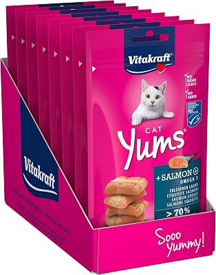 Cat YUMS, golosinas para Gatos, Snack Blando para Gatos Relleno de salmón, en Bolsa resellable, tamaño Almacenamiento, sin azúcar añadido (9X 40g)