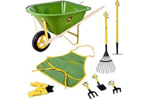 John Deere Deluxe 34" Wheelbarrow and Garden Set Includes 5 Realistic Gardening Tools,Gardening Apron, Gardening Gloves, Large Metal Wheelbarrow with Wooden Handles, Outdoor Toy Ages 5+