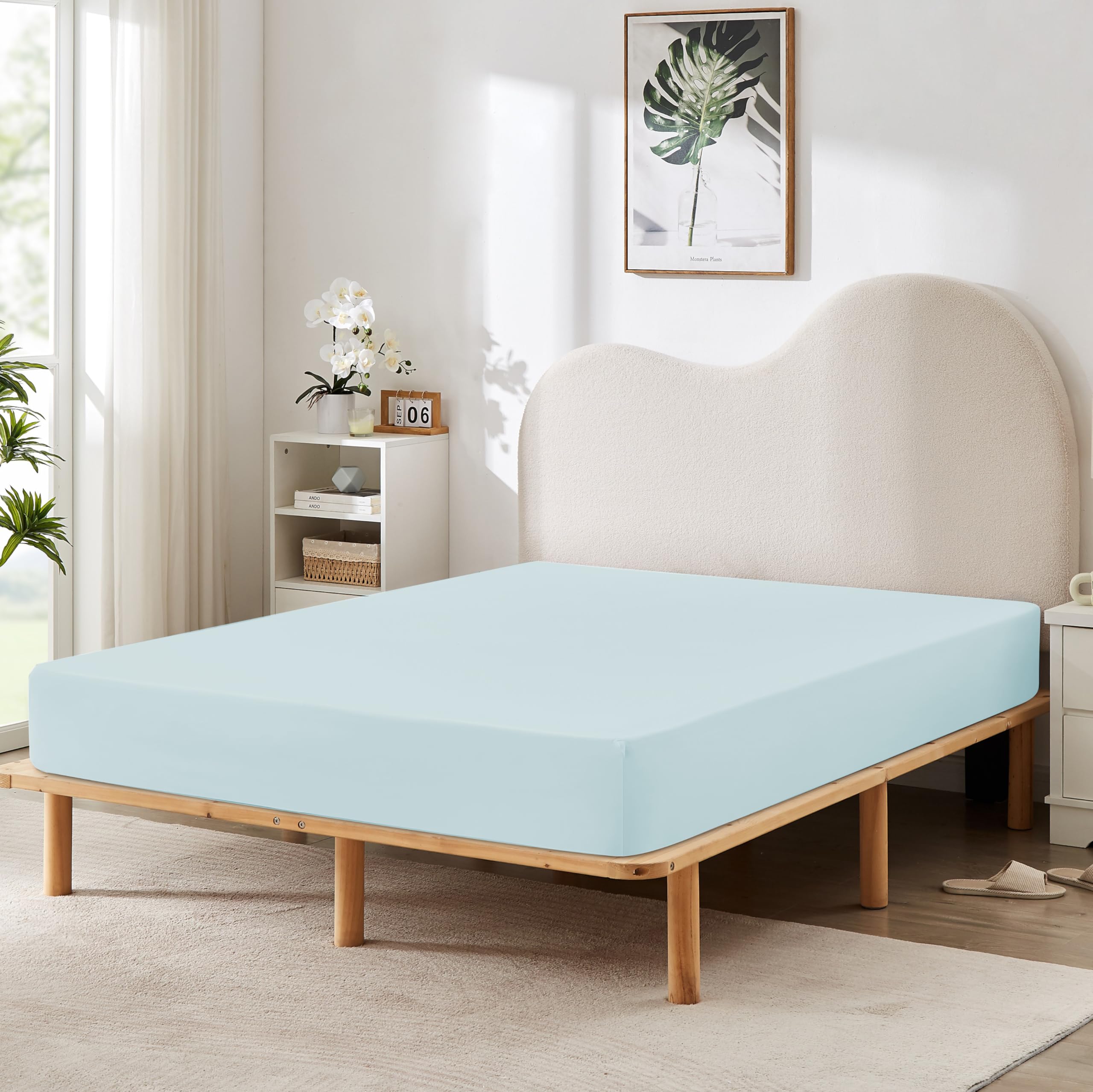 Photo 1 of HBHLFZ Full Fitted Sheet Only, Soft Breathable Bottom Sheet - 54"x75" Deep Pockets Full Size Fitted Sheet - All Around Stretch Fit, Wrinkle Resistant, Colorfast - Easy Care, Light Blue