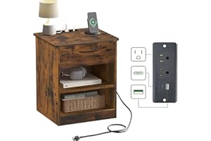 ODIKA Everyday Side Table with Fast Charging Station - USB C Cable Fast Charging, Rustic Brown Nightstand Bedside Table with Drawer, End Table with Optional Adjustable Shelf for Bedroom Set of 1