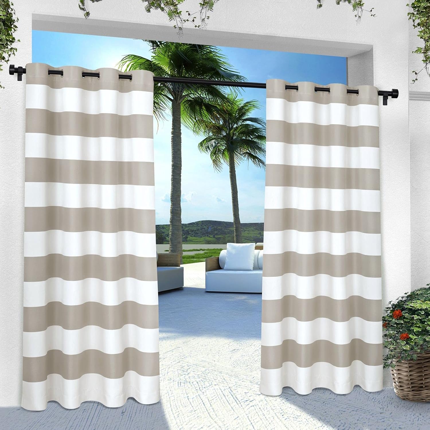 Outdoor Curtains - Exclusive Home Cabana Stripe Indoor/Outdoor Light Filtering Grommet Top Curtain Panel, 54