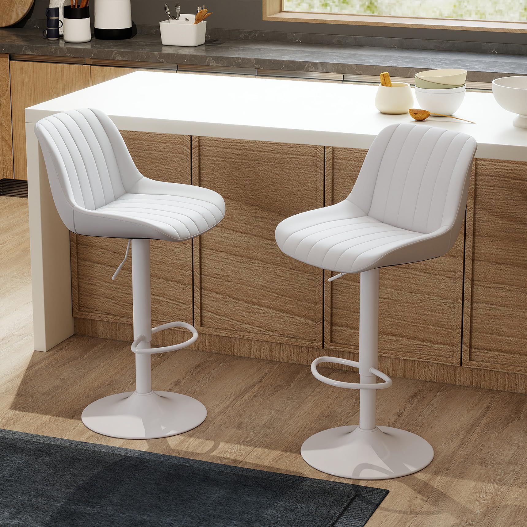 Youhauchair Bar Stools Set of 2, Swivel Counter Height Barstools with Back, Adjustable PU Leather Bar Chairs, Modern Armless Kitchen Island Stool, White Image
