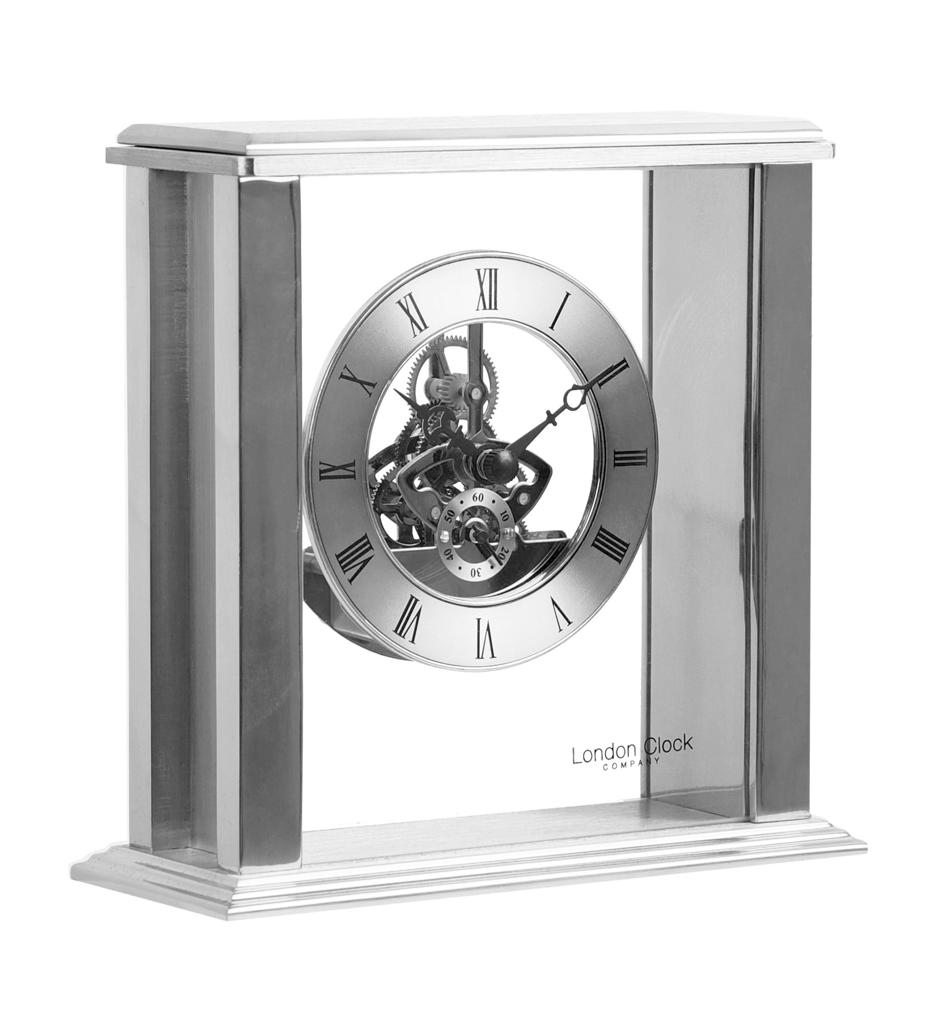 London Clock Silver Simple Frame Skeleton Mantel, 15 x 15.5 x 6.5cm