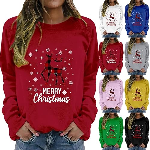 Christmas Jumpers for Women UK Fashion Print Christmas Sweatshirts for Women Crew Neck Long Sleeves Women's Pullover Sweaters Lightweight Slim Fit Xmas Tops Casual Plus Size Ladies Xmas Jumpers Red