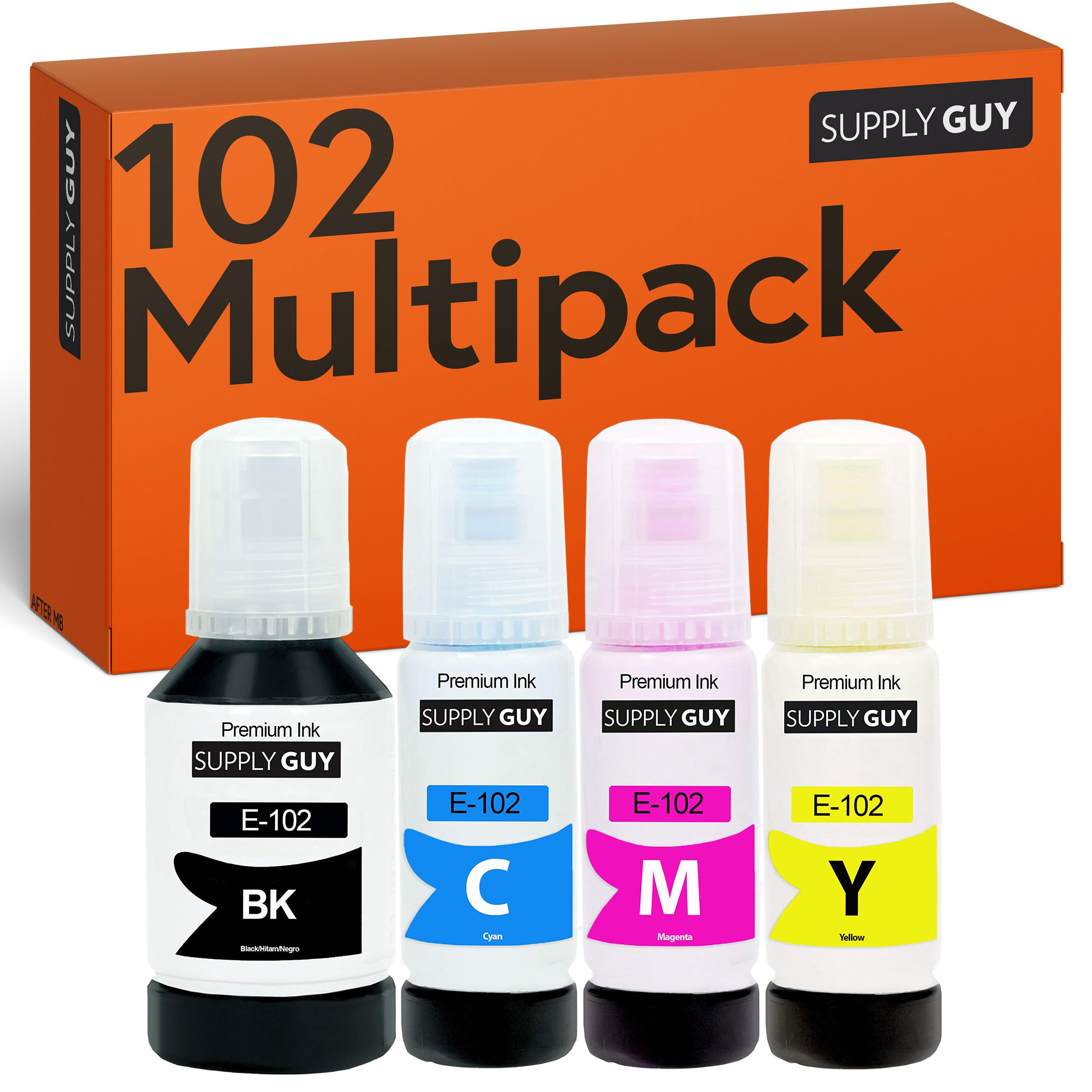 Supply Guy ink compatible with Epson 102 for EcoTank ET-4850 ET-2850 ET-2856 ET-3850 ET-4856 ET-15000 (4 Ink Bottles 1x127ml, 3x70ml)