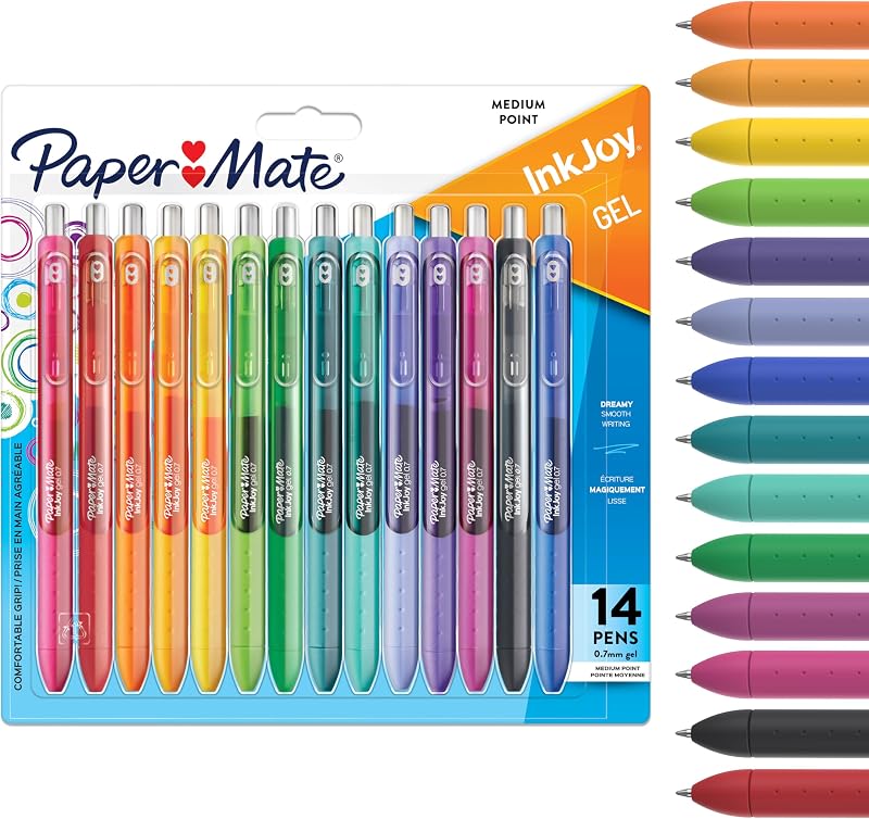 InkJoy - Bolígrafos de gel | Colores de tinta vibrantes surtidos | Para escribir, colorear y escribir en diario | Punta media (0.7 mm) | 14 unidades