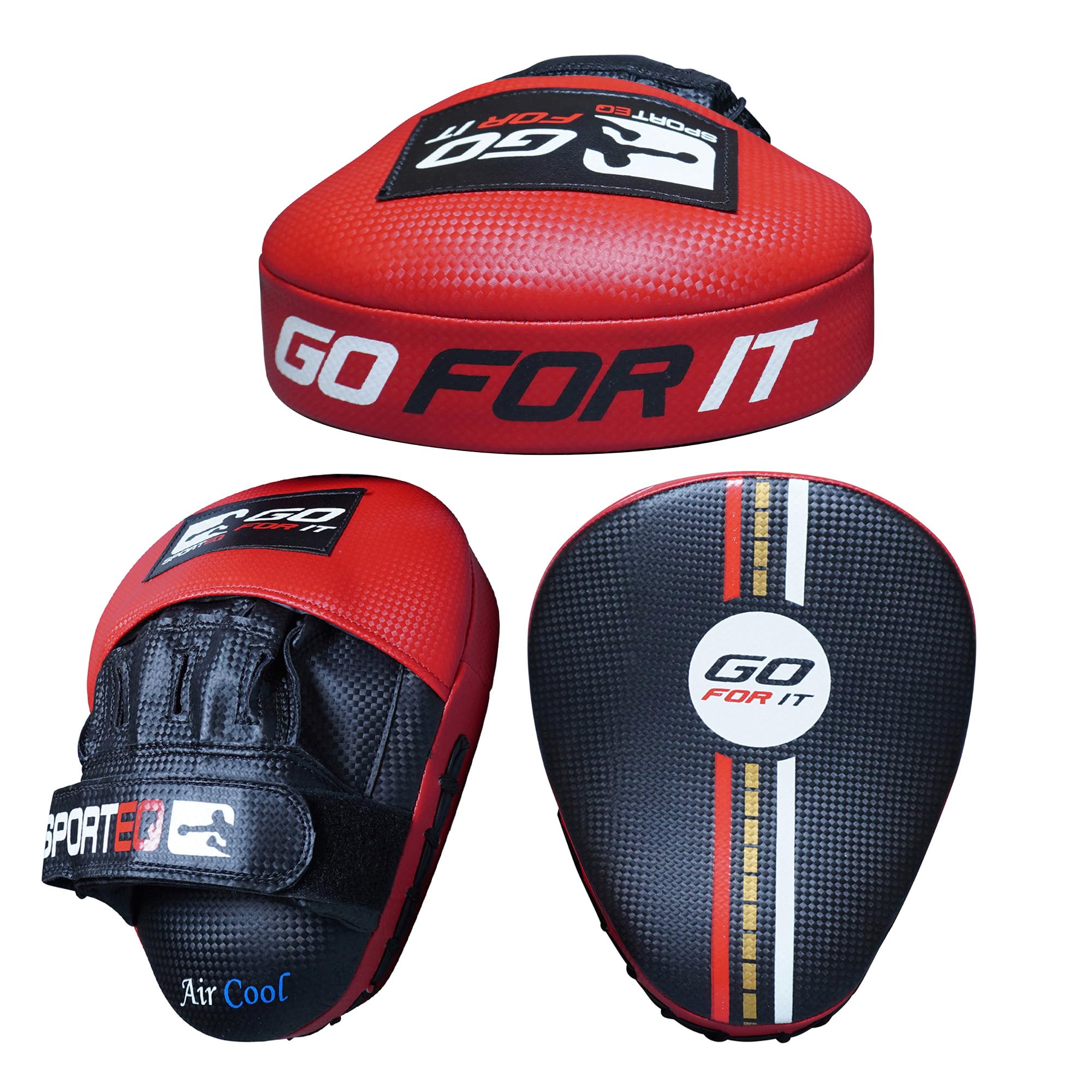 Sporteq Go Series Focus Mitts - Hook & Jab Pads, Boxing Pads with adjustable wrist strap - Curved MMA, & kickboxing Training Mitts for coaching & strike drills (Red)