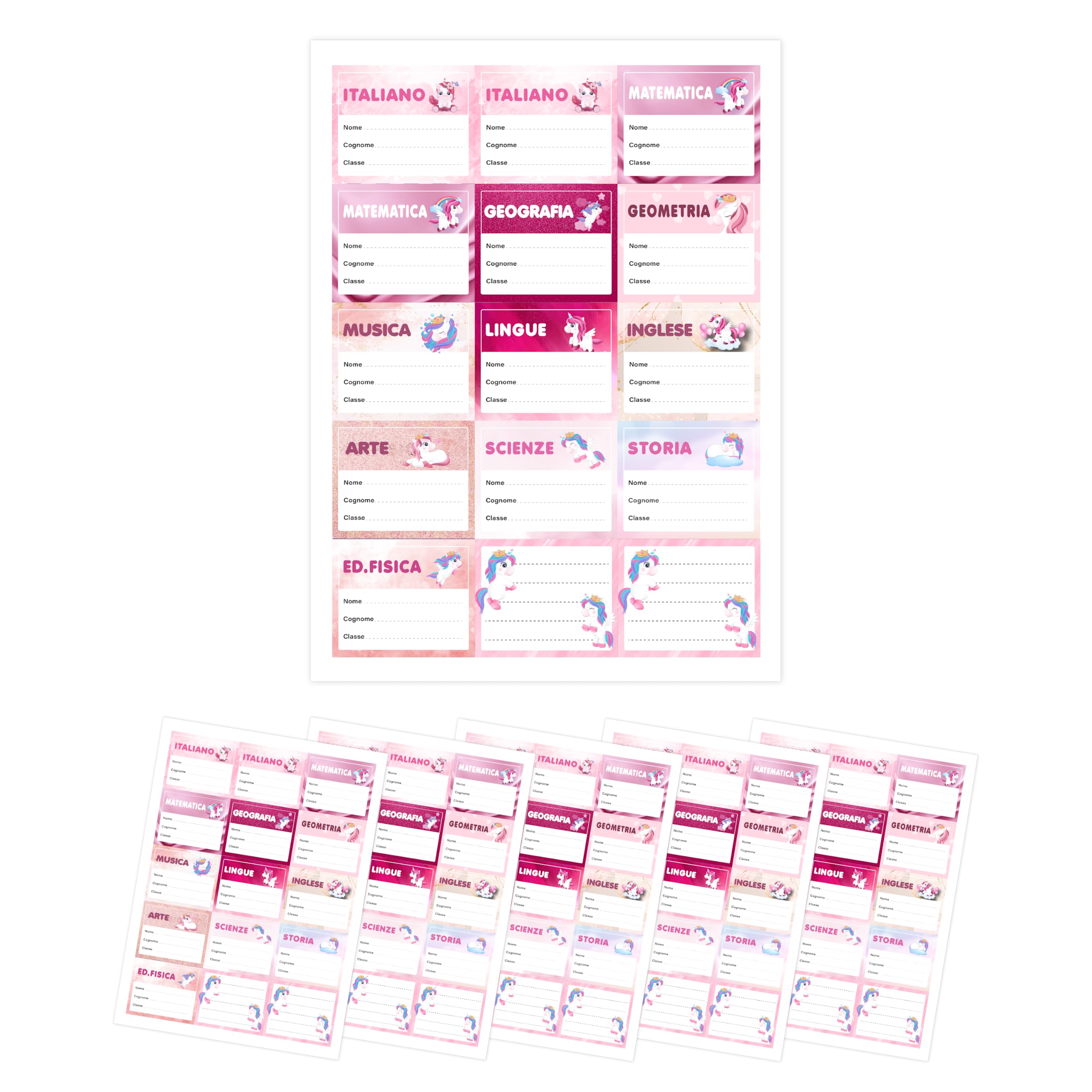 75 Personalised Unicorn Labels 70 x 58 mm – Customisable Laminated Label with Name Materia Class – Waterproof Stickers for Books