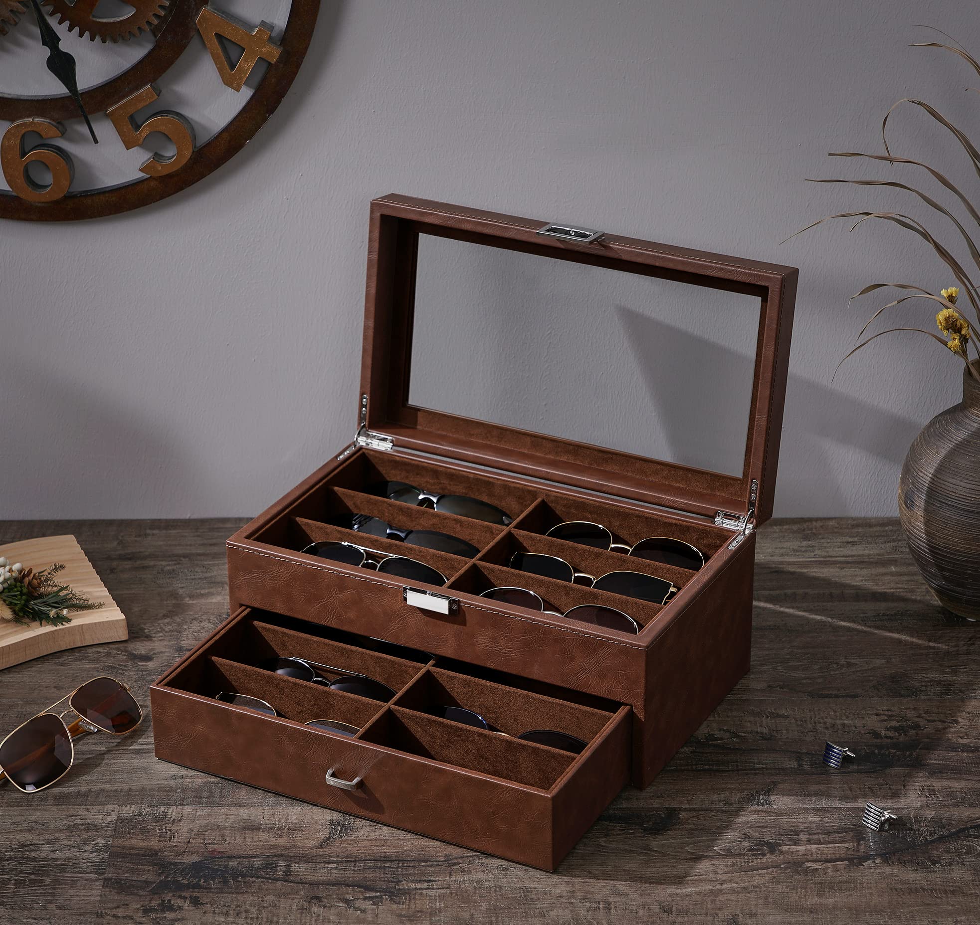 BEWISHOME Sunglasses Organizer, 12 Slots Sunglasses Case for Women Men, Eyeglasses Eyewear Display Case with Clear Glass Top, Faux Leather,Brown SSH48Z