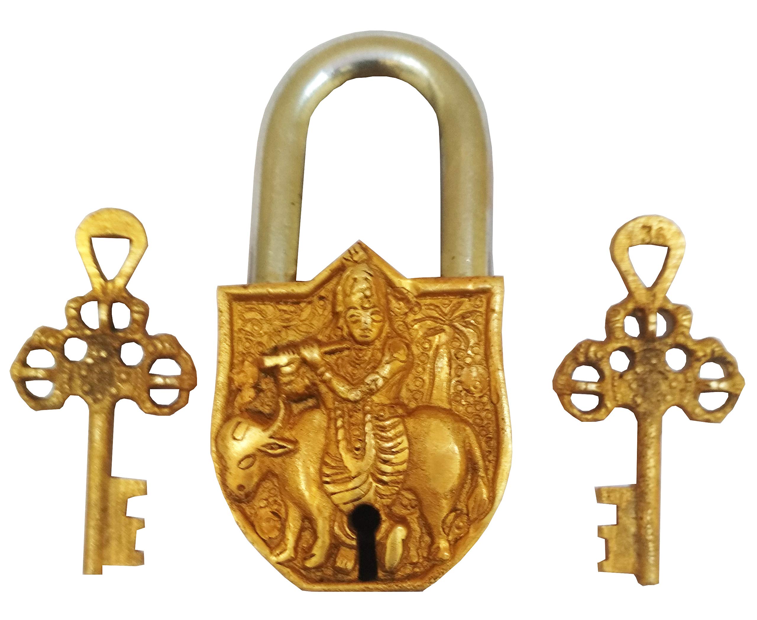Purpledip Handmade Brass Antique Padlock with Sri Krishna (10013)
