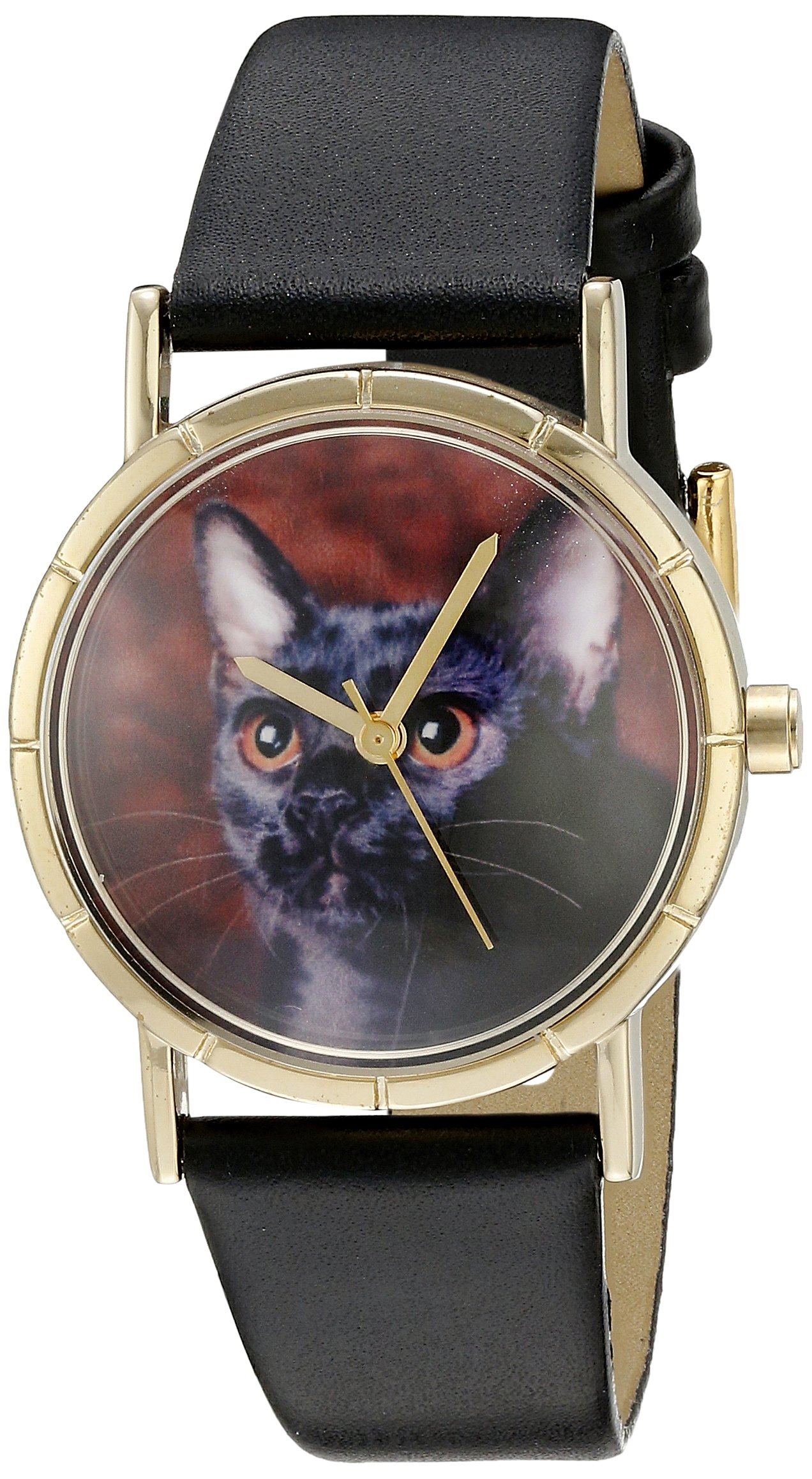 Whimsical Watches Bombay Cat Black Leather and Goldtone Photo Unisex Quartz Watch with White Dial Analogue Display and Multicolour Leather Strap P-0120037