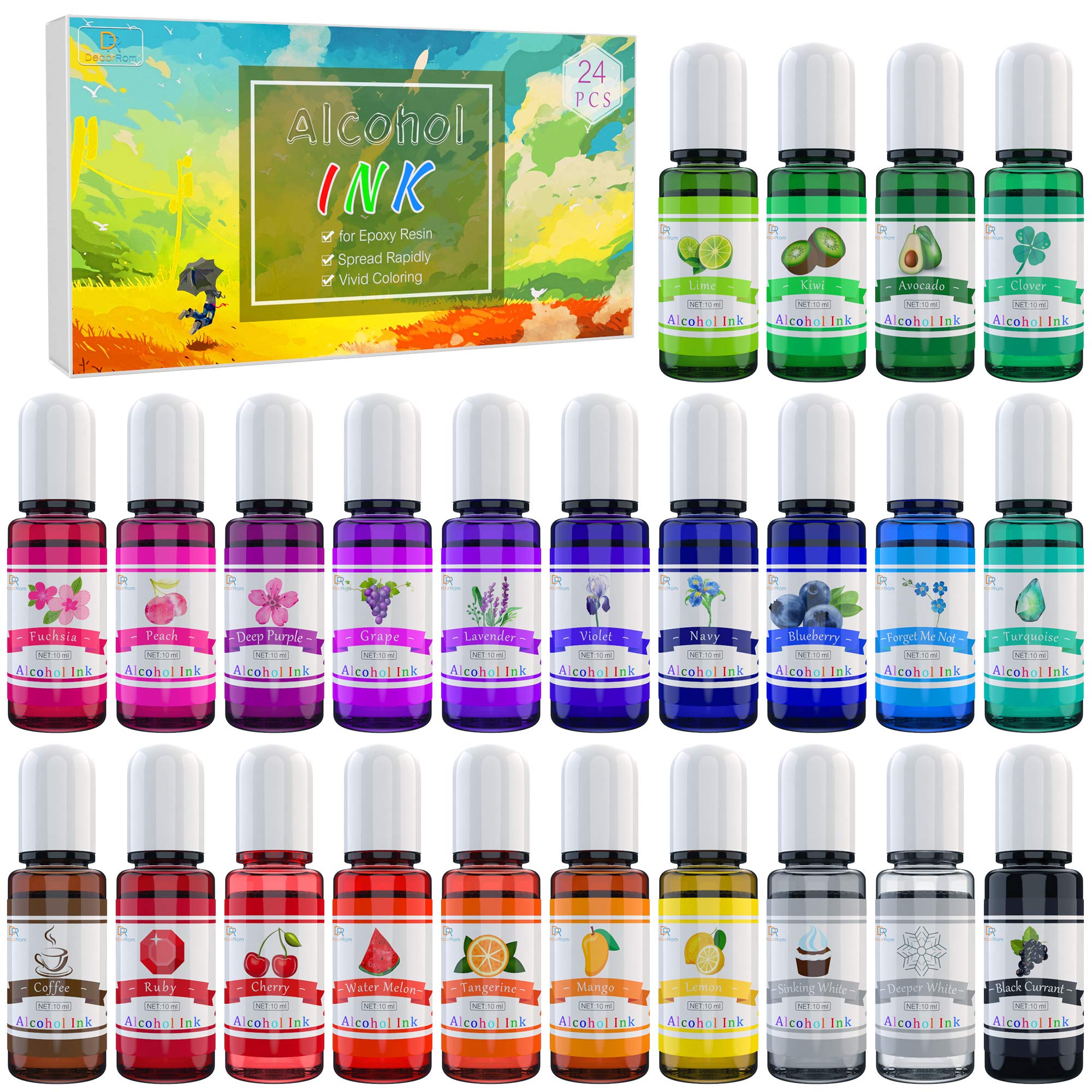 Alcohol Ink Set - 24 Vibrant Colours Alcohol-Based Ink for Petri Dish Making, Epoxy Resin Painting - Concentrated Alcohol Paint Colour Dye for Resin Art, Tumbler Making, Painting - 24 x 10ml