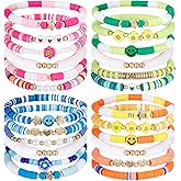 Sureio 24 Pcs Colorful Heart Smile Face Flower Friendship Bracelets Surfer Stretch Beaded Bracelet for Women Summer Beach Birthday Valentine's Day Party Favors