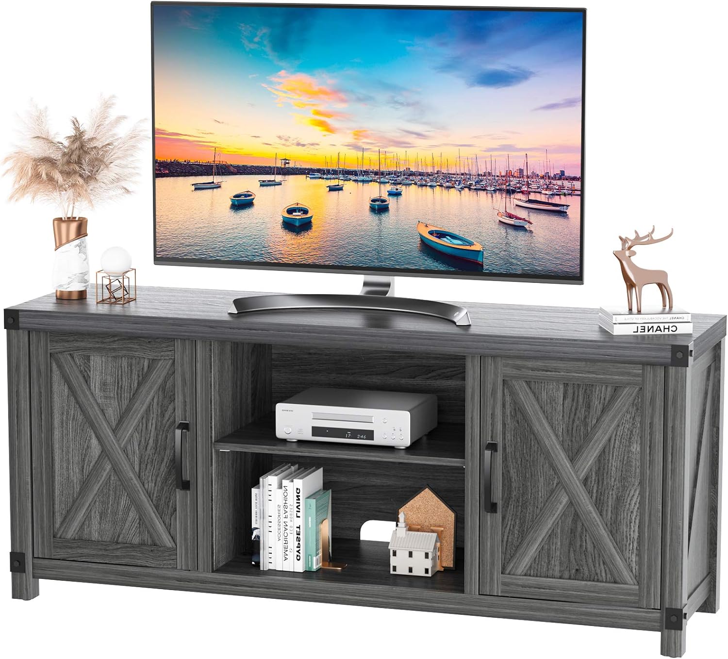 TV Console Cabinet for TVs up to 65 Inch W/Media Shelves, Farmhouse TV Stand Style Entertainment Center for Soundbar or Other Media, Barn Door TV Stand with Storage for Living Room, APRTS02D: Electronics