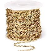 33 Feet 18K Gold PVD Plated Stainless Steel Cable Chain Bulk, 2.5mm 304 Stainless Steel Flat Cable Link Chains Roll Spool for Jewelry Making Necklace DIY Craft