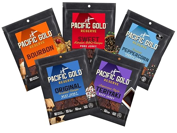 pacific gold reserve jerky variety pack v2 sweet korean bbq pork japanese style teriyaki beef bourbon glazed beef original smoked recipe beef cracked peppercorn turkey 2 5 ounce pack of 5 amazon com grocery pacific gold reserve jerky variety pack v2 sweet korean bbq pork japanese style teriyaki beef bourbon glazed beef original smoked recipe beef