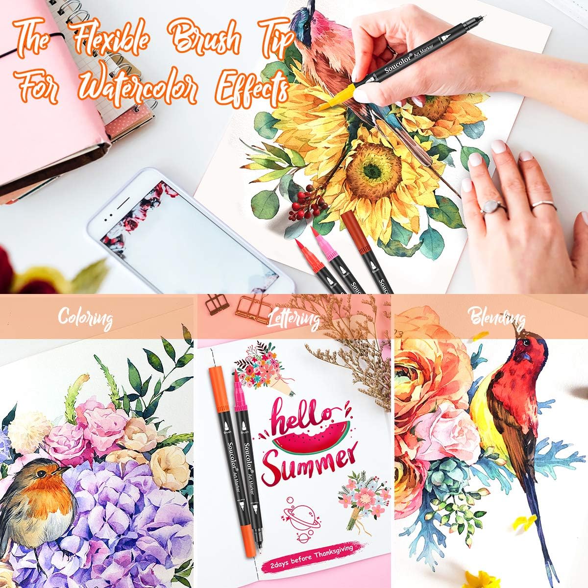 Artist Brush Markers Pens for Adult Coloring Books, 34 Colors Numbered Dual Tip (Brush and Fineliner) Art Marker Pen for Note taking Planner Hand Lettering Calligraphy Drawing Writing Journaling: Home & Kitchen