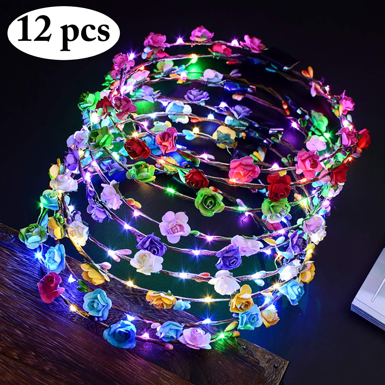 Outgeek LED Flower Headband, 12Pcs Flower Luminous Crown Garland 10