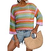 Dokotoo Womens Spring Summer 3/4 Sleeve Crochet Sweater Hollow Out Color Block Striped Tops Casual Beach Vacation Cover Ups