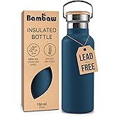 Bambaw Insulated Water Bottle 24oz, Blue Water Bottle for Hiking, Stainless Steel Water Bottle, Water Bottle with Handle, Metal Water Bottle Wide Mouth, Steel Water Bottle – Aegean Blue