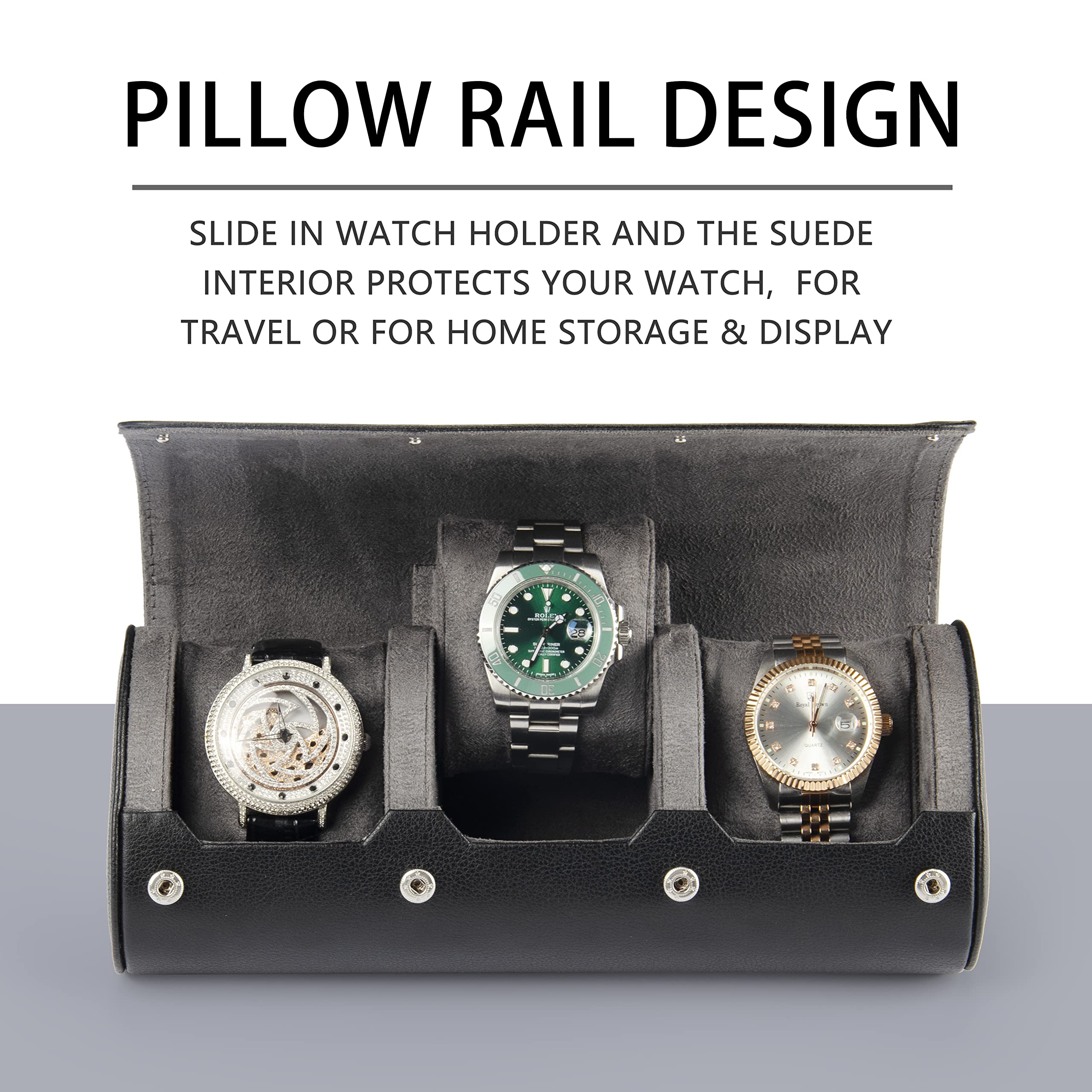 Watch Travel Case for Men: 3 Slot Watch Box Organizer Display Case - Portable Watch Storage & Travel Case - Watch Roll Fits All Wrist Watches & Smart Watches Up to 50mm (Black)