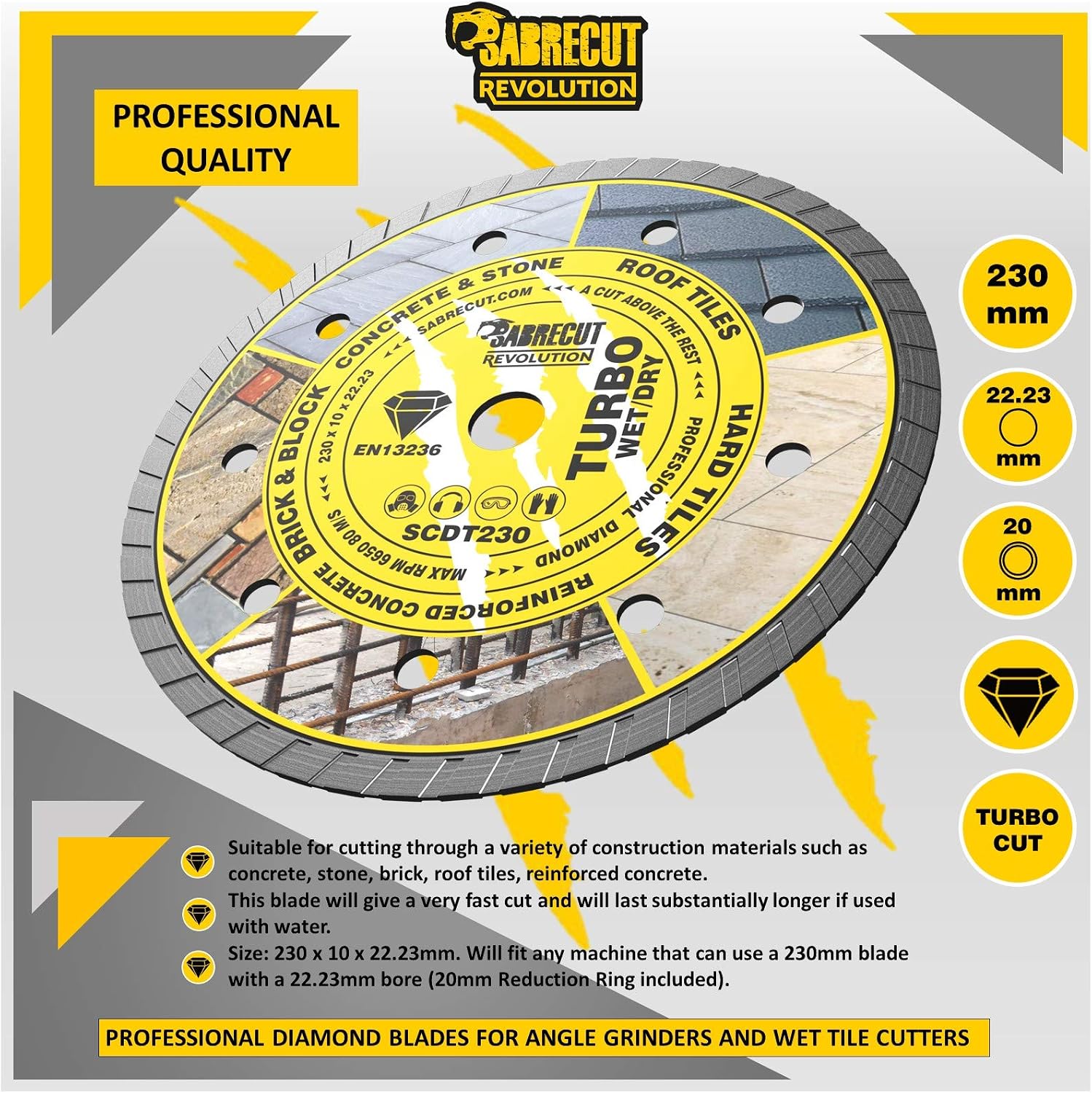 1 x SabreCut SCDT230 230mm (9 inch) x 10mm x 22.23mm Bore Turbo Angle Grinder Diamond Circular Saw Blade, Multicolor - Image 3