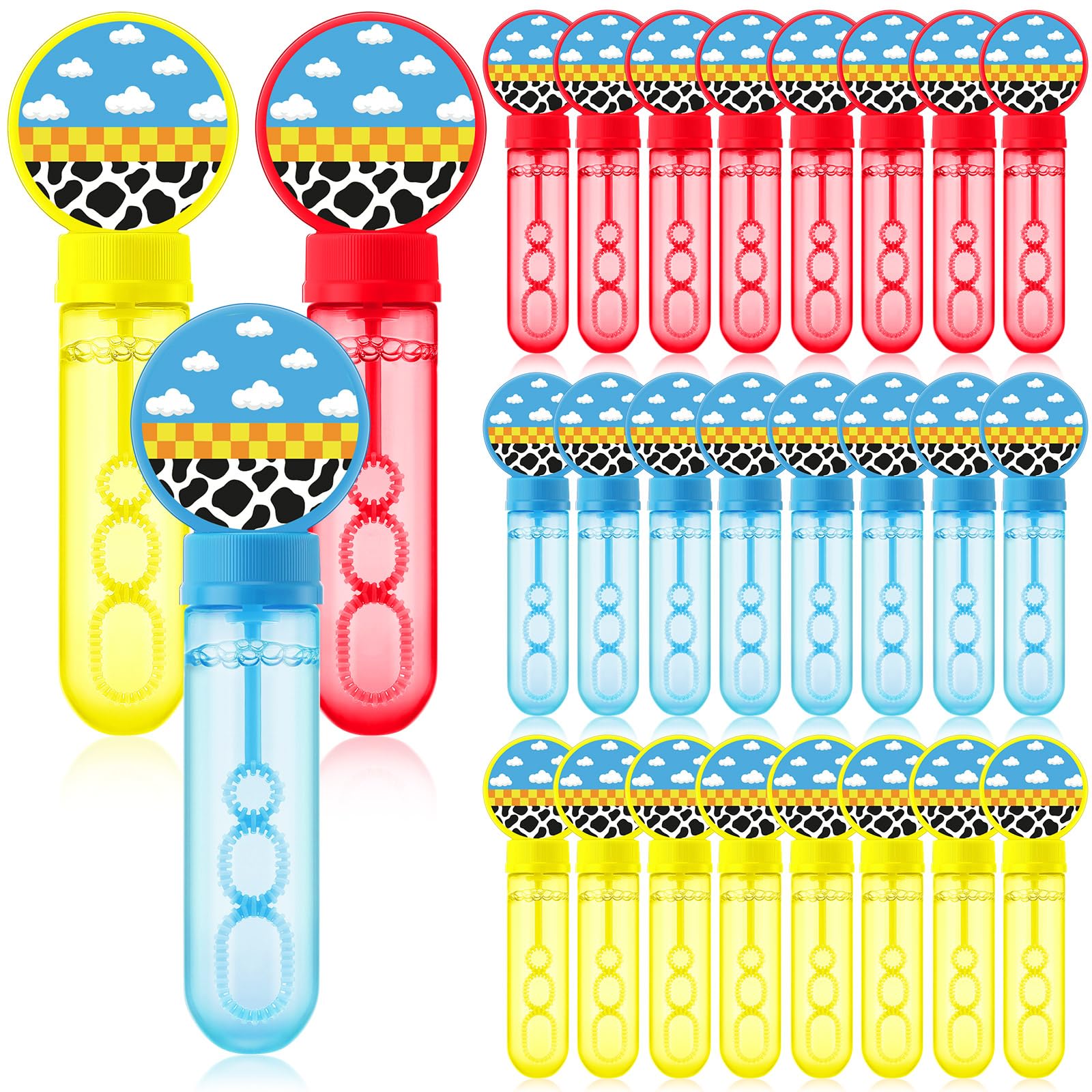 Photo 1 of 24 Pcs Cartoon Toy Bubble Wands Blue Sky White Clouds and Cow Print Mini Bubble Party Favor for Kids Toddlers Birthday Goody Bag Stuffer Filler Summer Outdoor Classroom Reward Gifts(Red, Yellow, Blue)