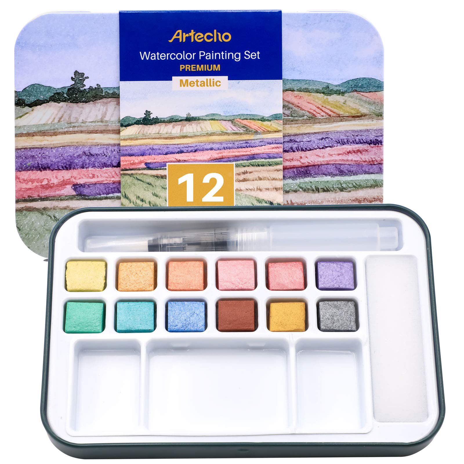 Artecho Watercolour Paint Set,12 Metallic Colors, Watertbrush Pen Included, Lightweight and Portable,Watercolour Paints for Artists and Beginners