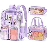 Fimibuke Clear Backpack for Girls - 3 PCS Heavy Duty Kids Clear Bags Schoolbag Large Transparent PVC Bookbag with Lunch Box Pencil Case Set for Travel School Concert Stadium Events Backpacks