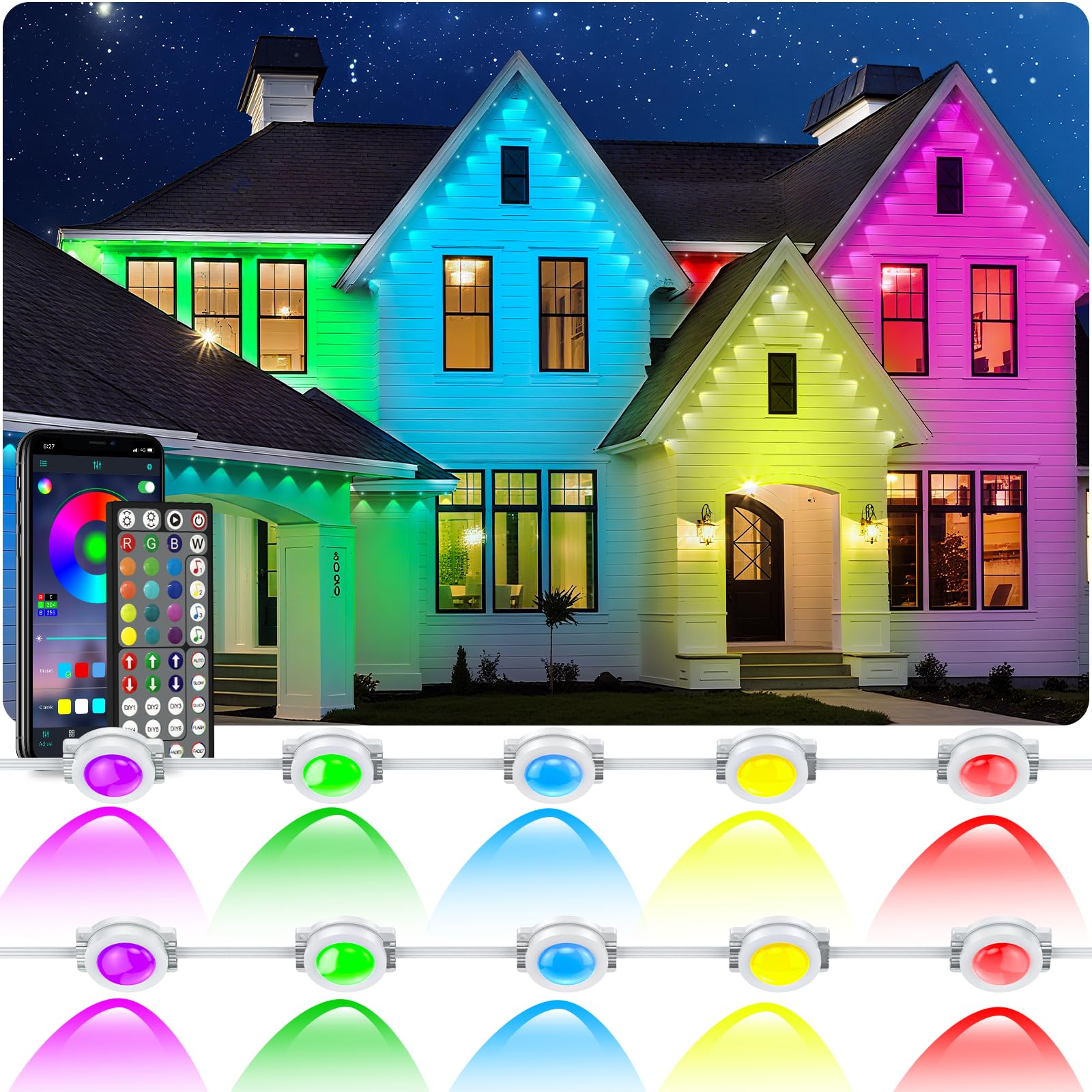 Photo 1 of INZIDOL 100FT Permanent Outdoor Lights, IP67 Waterproof,for House Roof, Christmas, Holiday, Party, Daily Lighting, Smart RGB Outdoor Lights with Remote APP Control & DIY Scenes