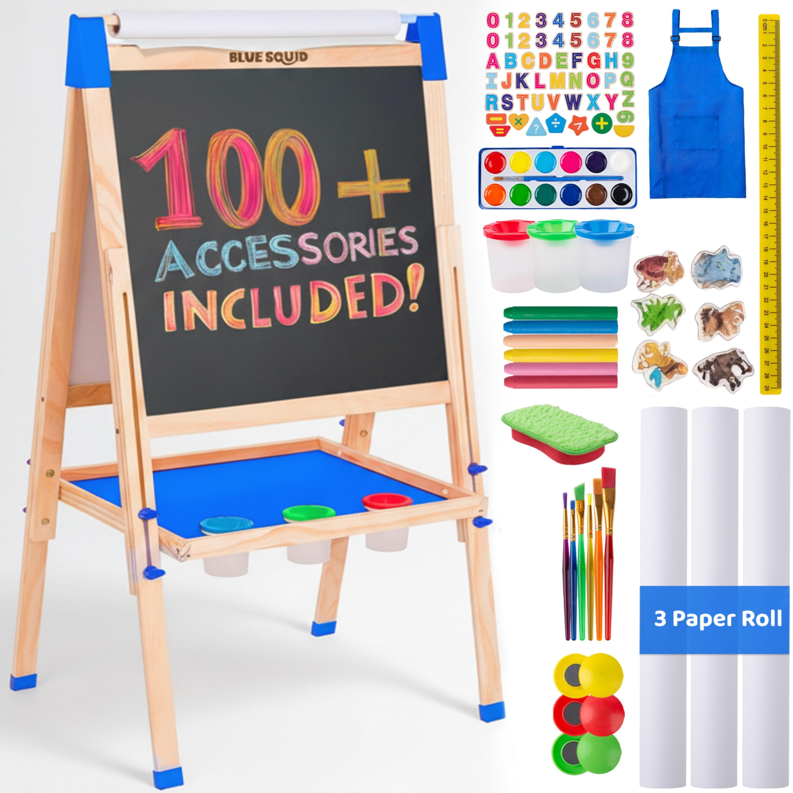 Blue Squid Art Easel for Kids, Easels for Toddlers | Adjustable Art Easel with Paper Roll, Magnetic Kid Chalkboard Easel Double Sided, Toddler White Board Toddler Easel for Kids 100+ Accessories