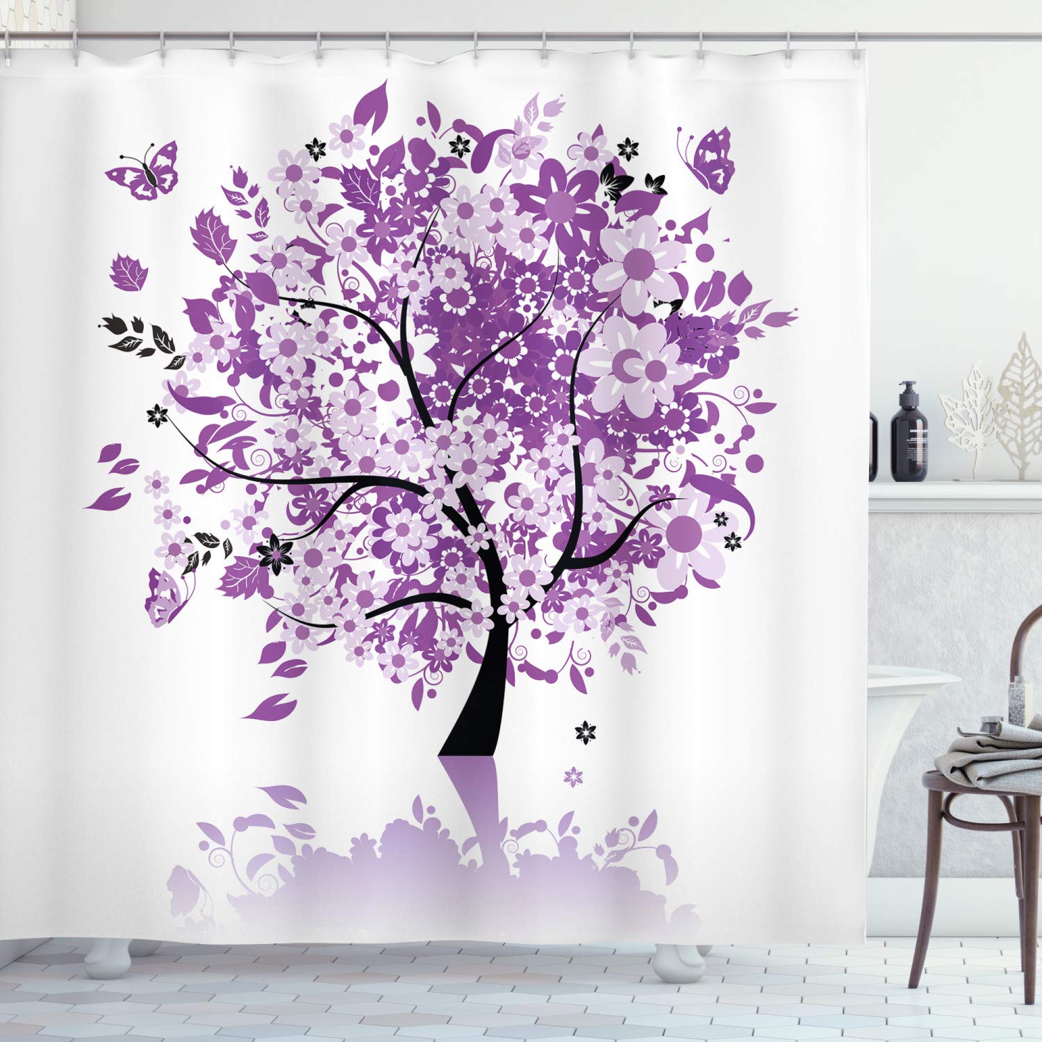 ABAKUHAUS Nature Shower Curtain, Spring Tree of Life Woods Blooming Flower and Butterfly Flying Romance, Cloth Fabric Bathroom Decor Set with Hooks, 94 Inches, Lilac Purple