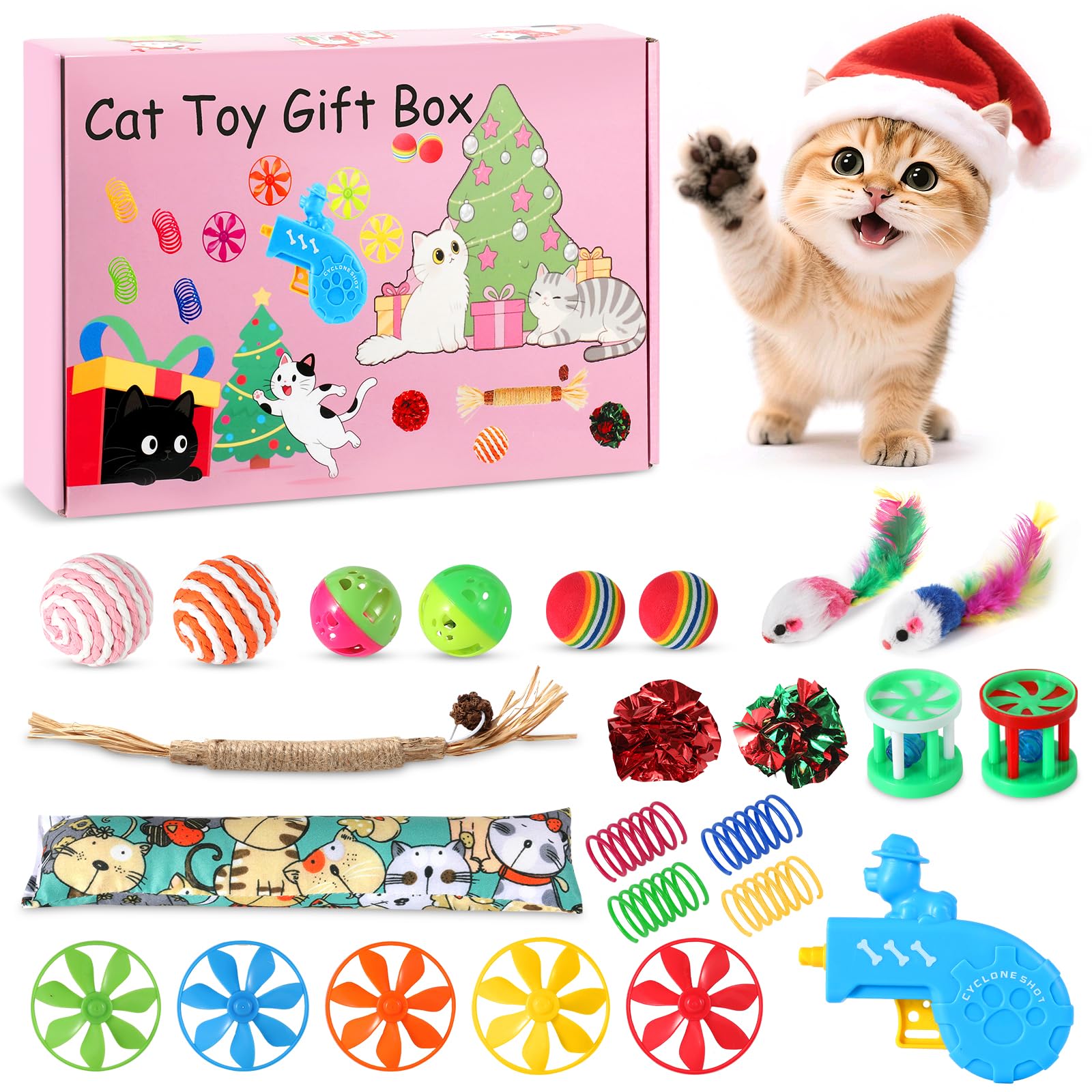 Cat Advent Calendar 2025, Interactive Cats Fetch Tracking Toys, Kitten Toys Advent Calendar Gifts Box for Kitten, Xmas Gift Toys for Cat Lovers (Pink)