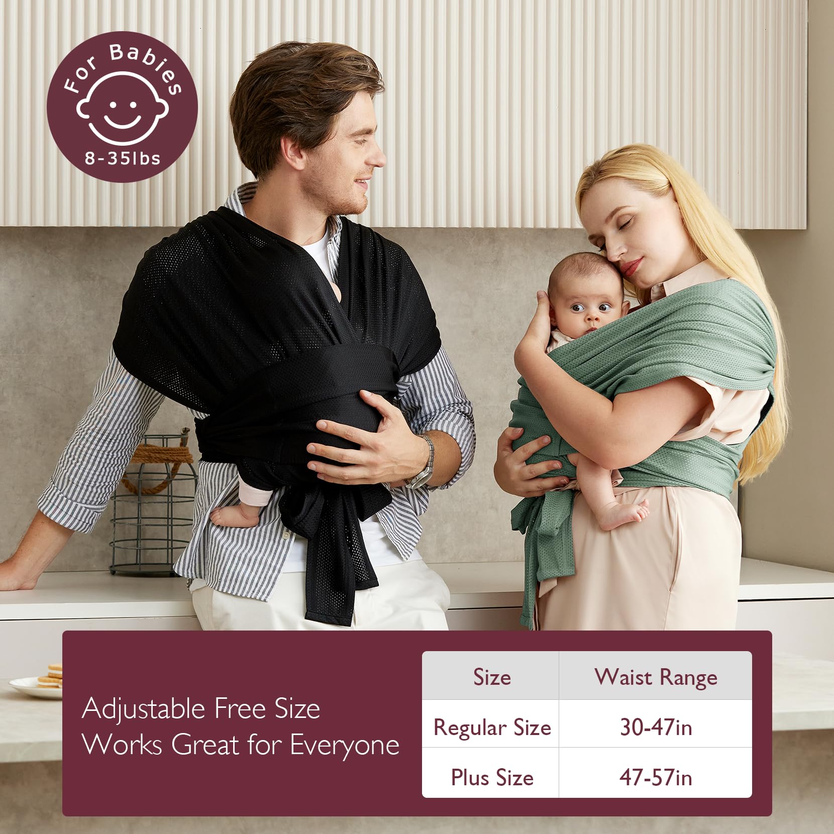 Momcozy Adjustable Buckle Baby Wrap Carrier Cooling Air-Mesh, Easy to Wear Baby Carrier Sling, Baby Carriers Newborn to Toddler 8-35lbs, Suit for Waist 30-47inch, Regular Black