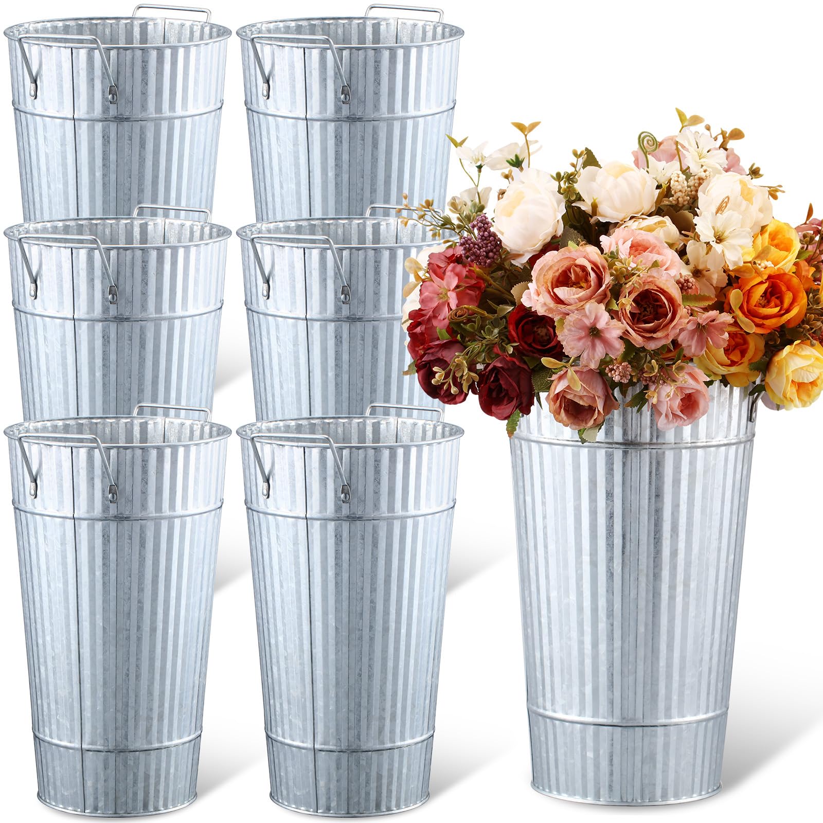 Photo 1 of Layhit 6 Pcs 12 Inch Galvanized Flower Buckets Metal Flower Vases with Handle Farmhouse French Bucket Planter Floral Container for Flowers Wedding Bridal Shower Home Table Decor(Retro Steel Color)