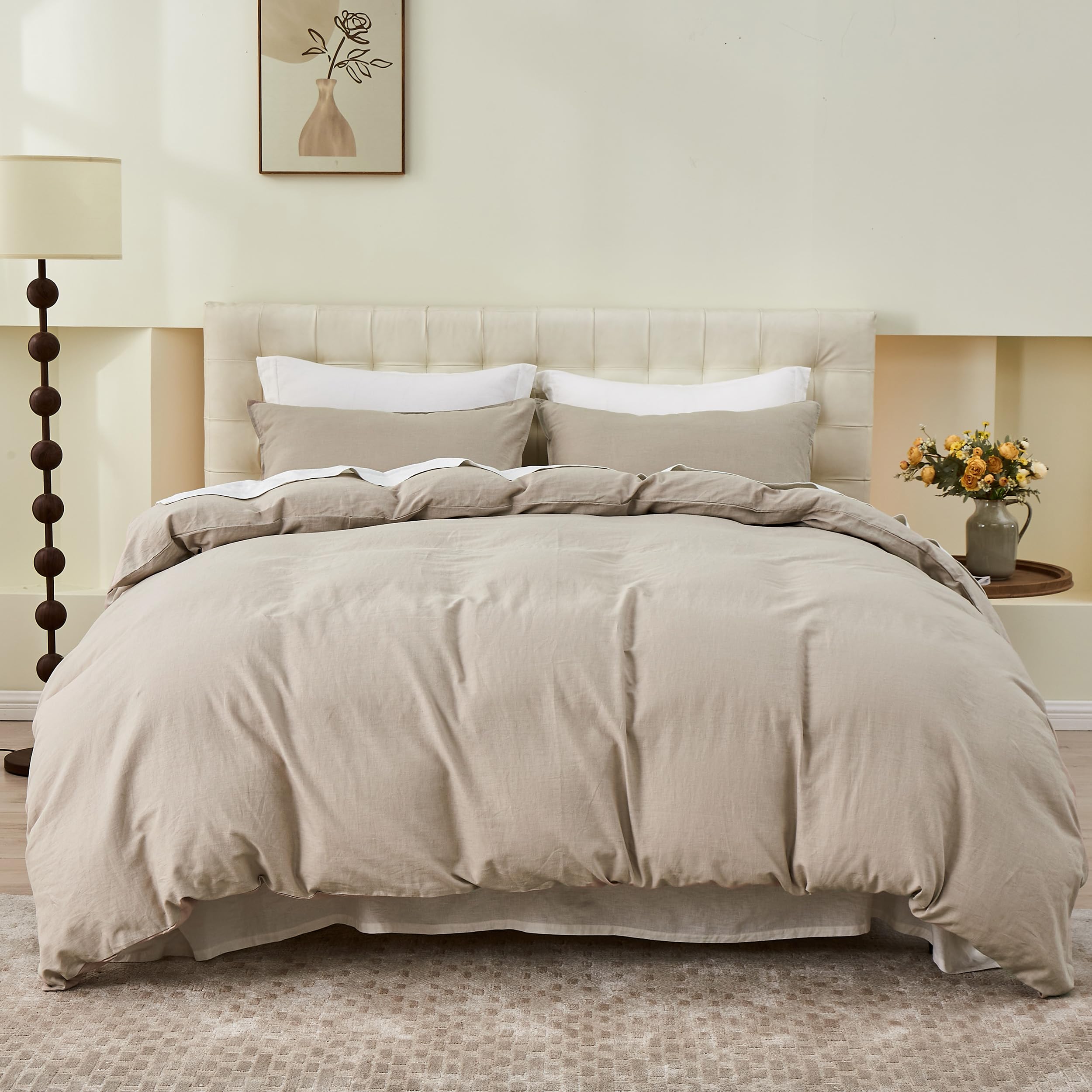 Simple&Opulence Double Duvet Cover with 2 Pillowcases,Soft Cotton Linen Duvet Cover,Double Bedding Set with Button Closure,Hypoallergenic Luxurious Breathable Quilt Cover Set,200x200cm,Khaki — image 1