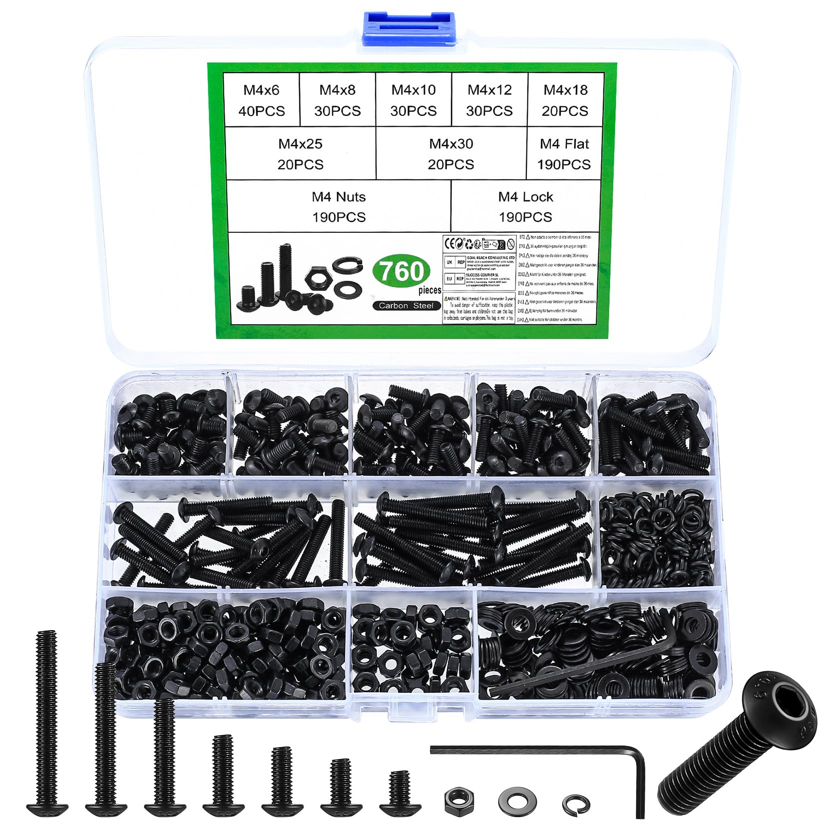 760 Pcs M4 Bolts and Nuts Set, Nuts and Bolts Set, Black Hex Socket Button Head Cap Screws with Washers, Assorted Pan Head Screws (M4)
