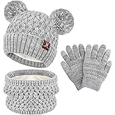 ZASFOU Toddler Kids Winter Hats Scarf Touchscreen Gloves Set Knit Pom Beanie Neck Warmer for Girls Boys 2-7 Year Old Gifts