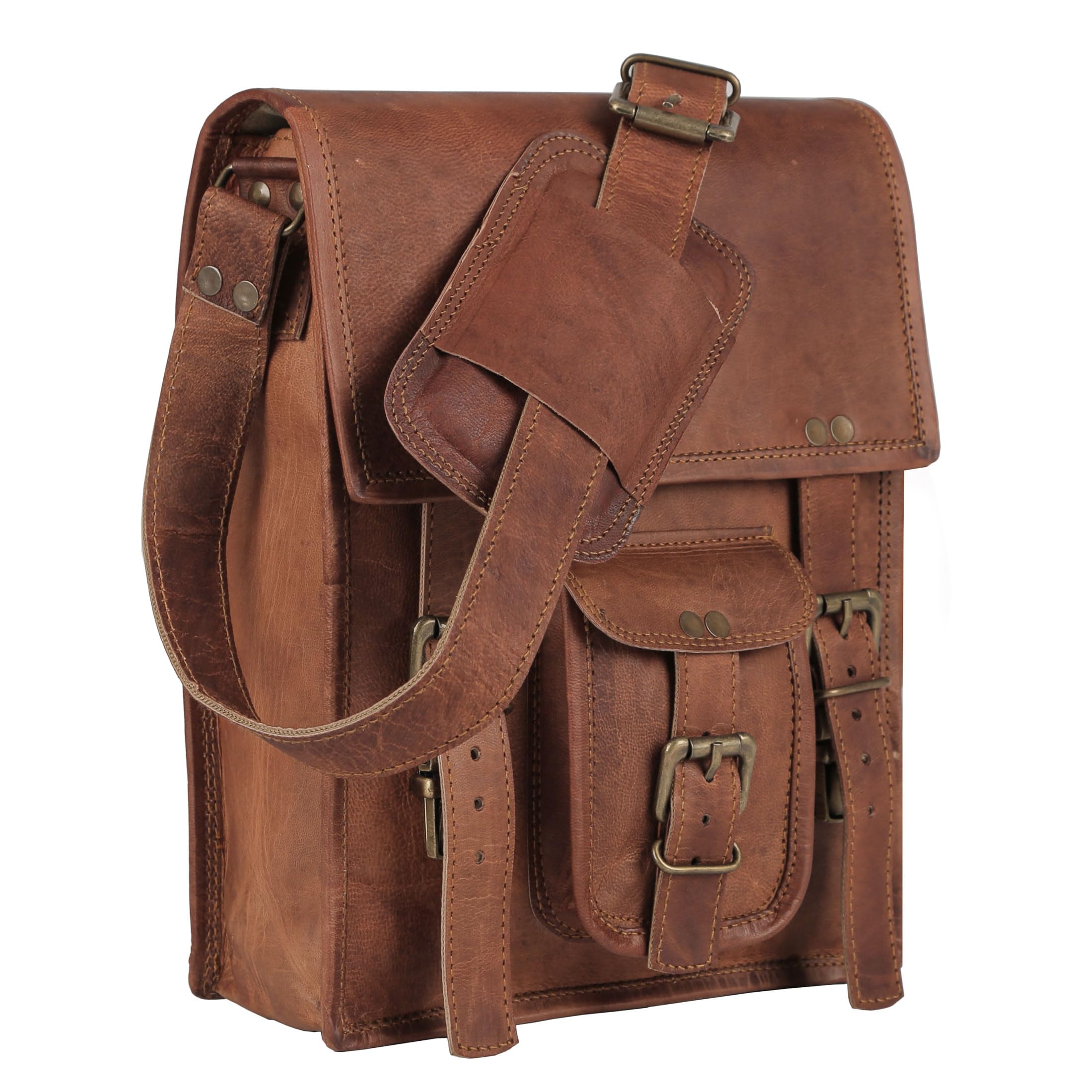 Leather crossbody bag messenger satchel tablet bag 11 inches for men and women (Brown)