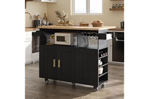 ASTRONAPE Rolling Mobile Kitchen Island with Countertop, 67" Long Desk Island for Kitchen with Trash Bin Space and Power Socket, Island for Microwave with Large Storage and Drawer (Black, Large)