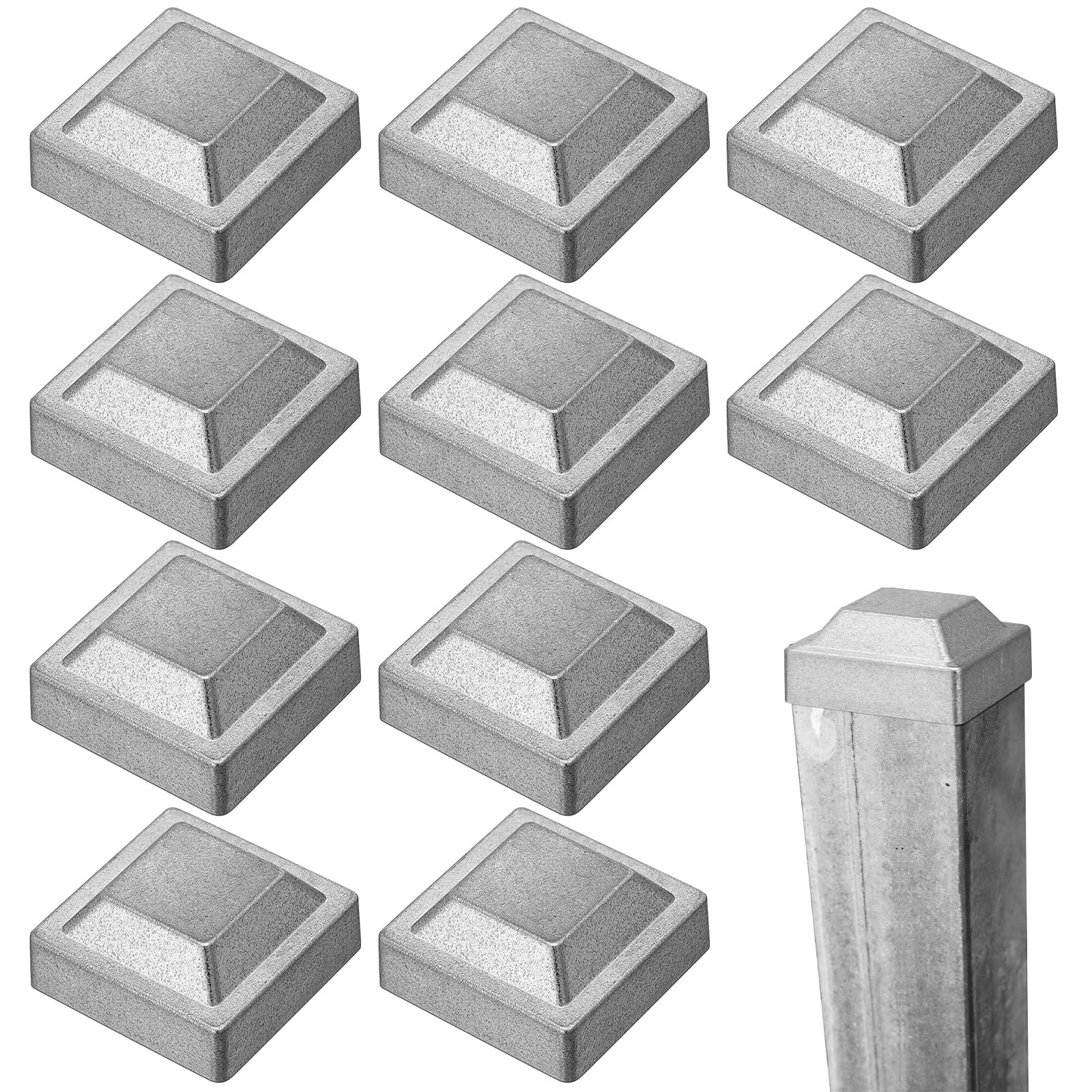 Photo 1 of Shimeyao 10 Pack 1 1/2" x 1 1/2" Square Silver Steel Post Cap for Aluminum Fence Posts Caps Fence Topper Pressure Fit Cover for Mailbox Metal Wood Plastic Vinyl Iron Deck Railing