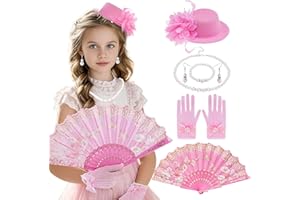 Haakong 6 Pieces Girls Tea Party Set Hats Gloves Necklace Bracelet Fan Tea Party Costume for Girls